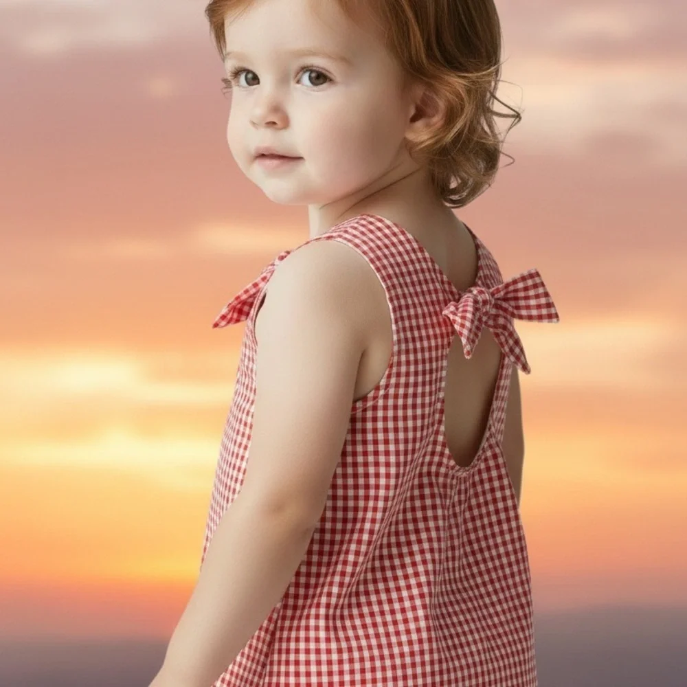 Girls 6 Samara gingham white red apron ruffled hem button detail graphic design